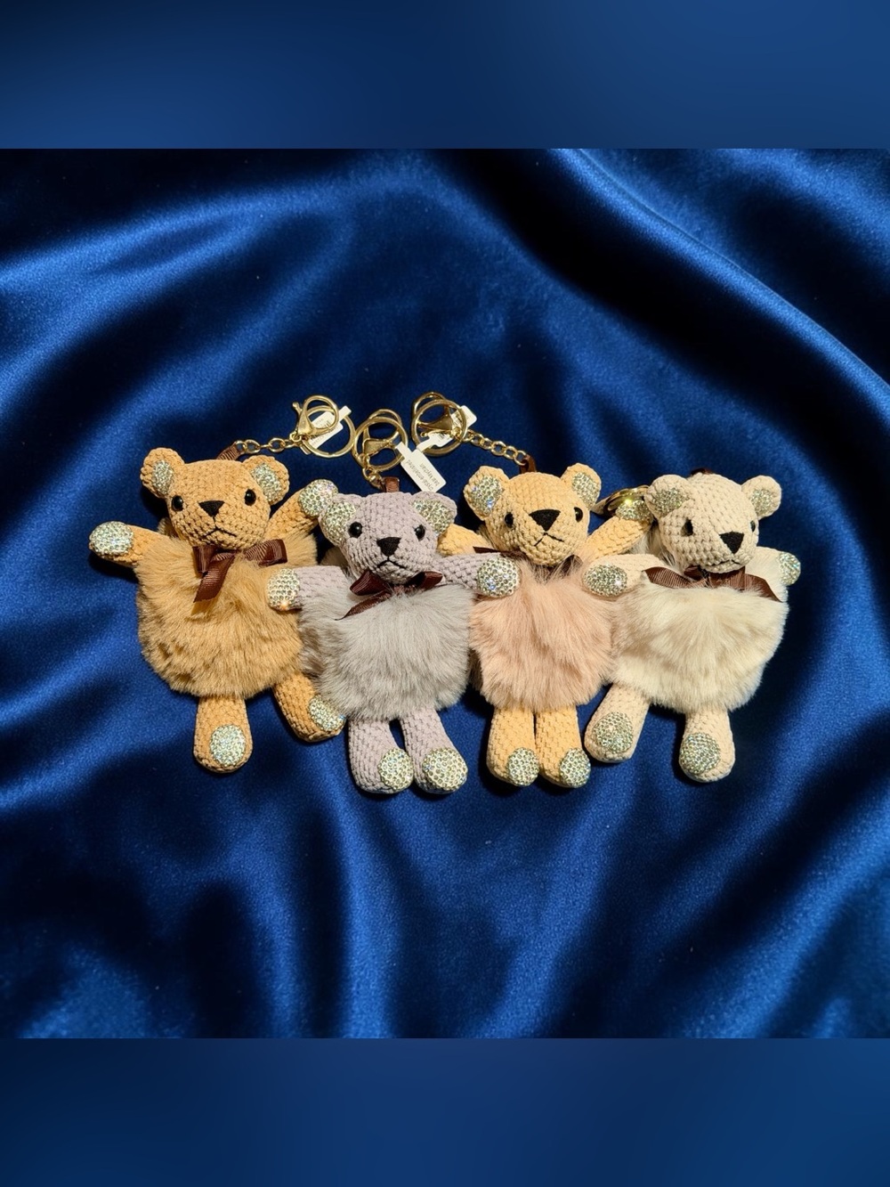 Adorable Plush Bear Keychain Bag Charms with Sparkly Accents - Neutral Fur Tones